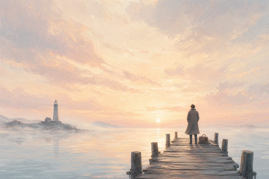 A lone figure in a long coat standing at the end of a wooden pier at sunrise with a distant lighthouse across misty water