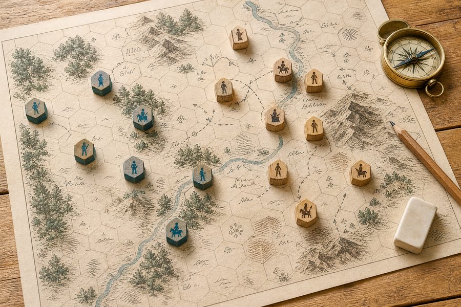 An overhead view of a paper hex map with hand-drawn terrain, carved wooden unit markers, a brass compass and a pencil