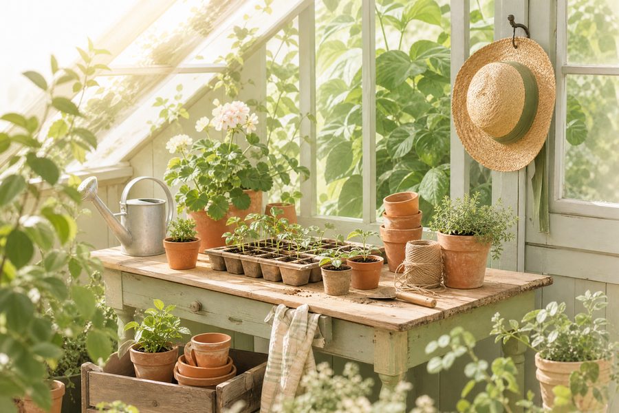 A sunlit greenhouse workbench with terracotta pots, seedling trays, a watering can and gardening twine