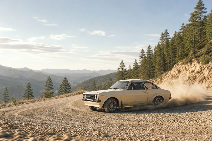 A pale rally car mid-corner on a gravel mountain road throwing up dust