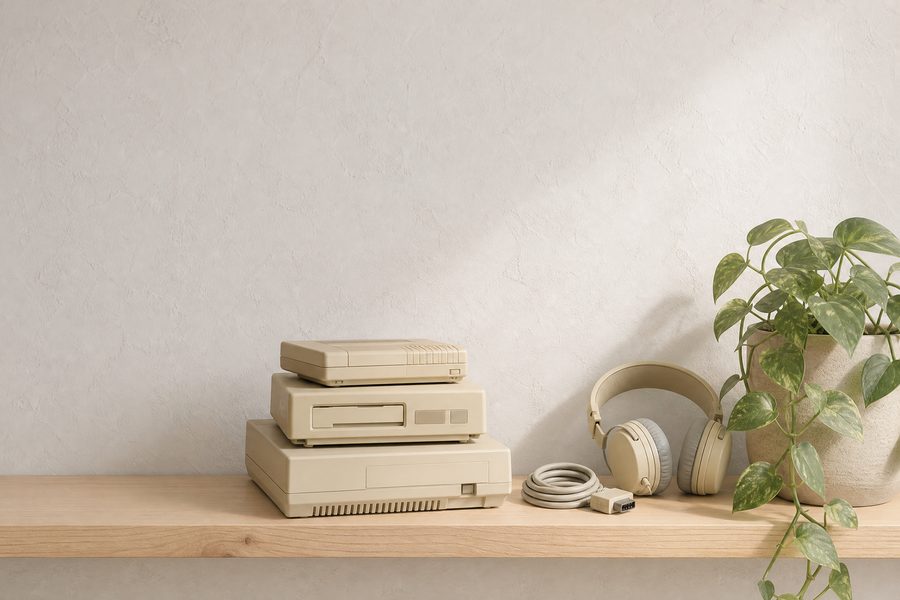 A light wooden shelf with beige plastic hardware, a coiled cable, headphones and a trailing plant