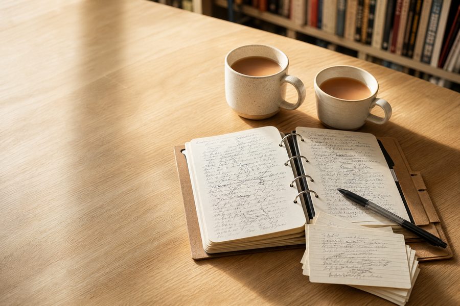 Two mugs of tea beside an open ring-bound notebook covered in handwritten notes and a stack of index cards on a light oak table