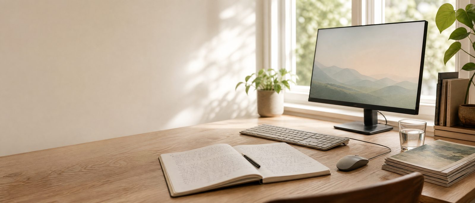 A bright writing desk beside a tall window with an open notebook, keyboard and monitor showing a soft landscape